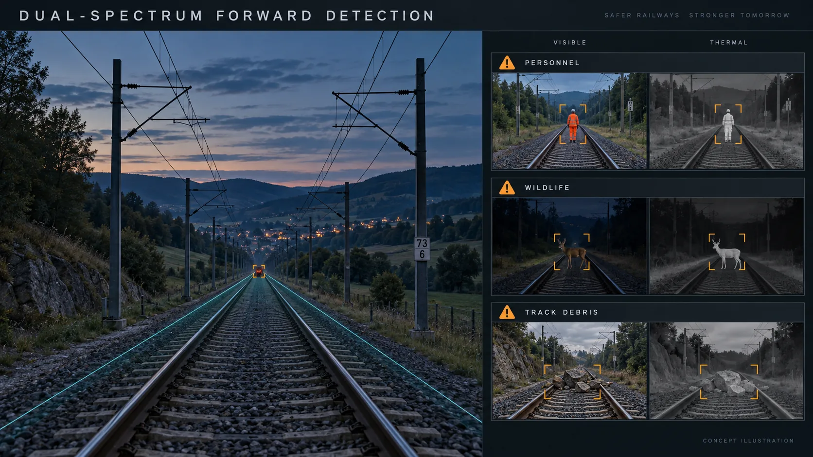 Concept illustration of dual-spectrum forward detection for personnel, wildlife and track debris